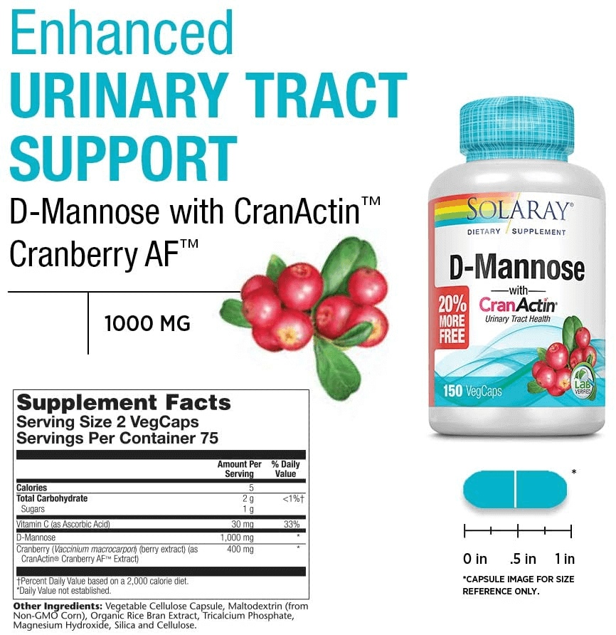 Solaray D-Mannose with Cranactin Cranberry Extract 1000Mg | 60 Count - vitamenstore.com