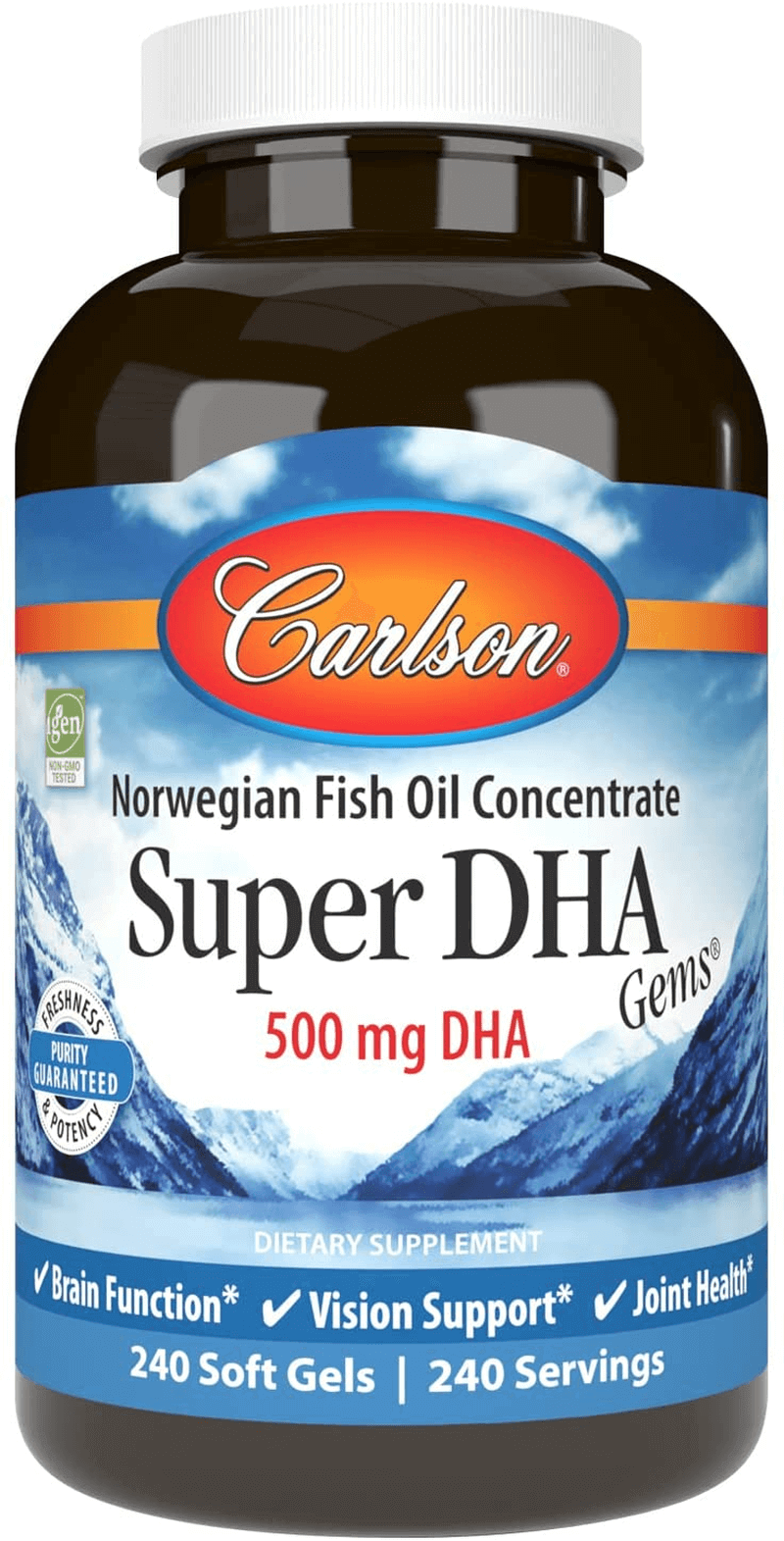 Carlson Super DHA Gems - 500 Mg DHA Supplements, 640 Mg Fatty Acids, Norwegian Fish Oil Concentrate, Wild-Caught, Sustainably Sourced Fish Oil Capsules, 240 Softgels - vitamenstore.com