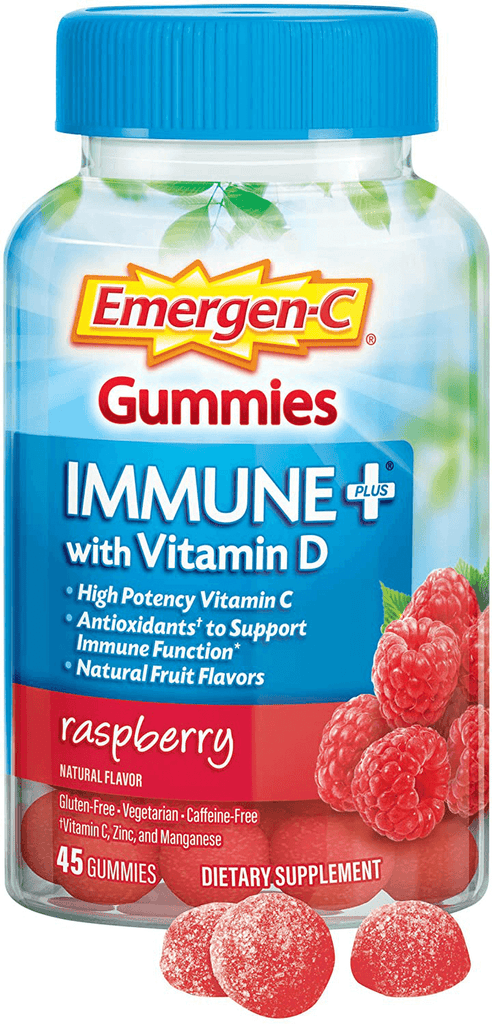 Emergen-C Immune+ Immune Gummies, Vitamin D plus 750 mg Vitamin C, Immune Support Dietary Supplement, Caffeine Free, Gluten Free, Raspberry Flavor - 45 Count - Vitamenstore.com