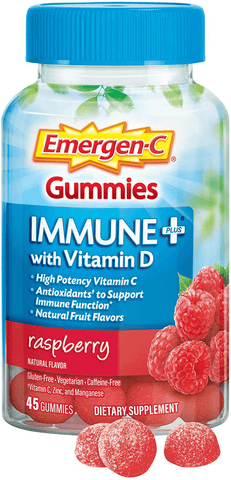 Emergen-C Immune+ Immune Gummies, Vitamin D plus 750 mg Vitamin C, Immune Support Dietary Supplement, Caffeine Free, Gluten Free, Raspberry Flavor - 45 Count | Free Shipping | Vitamenstore.com