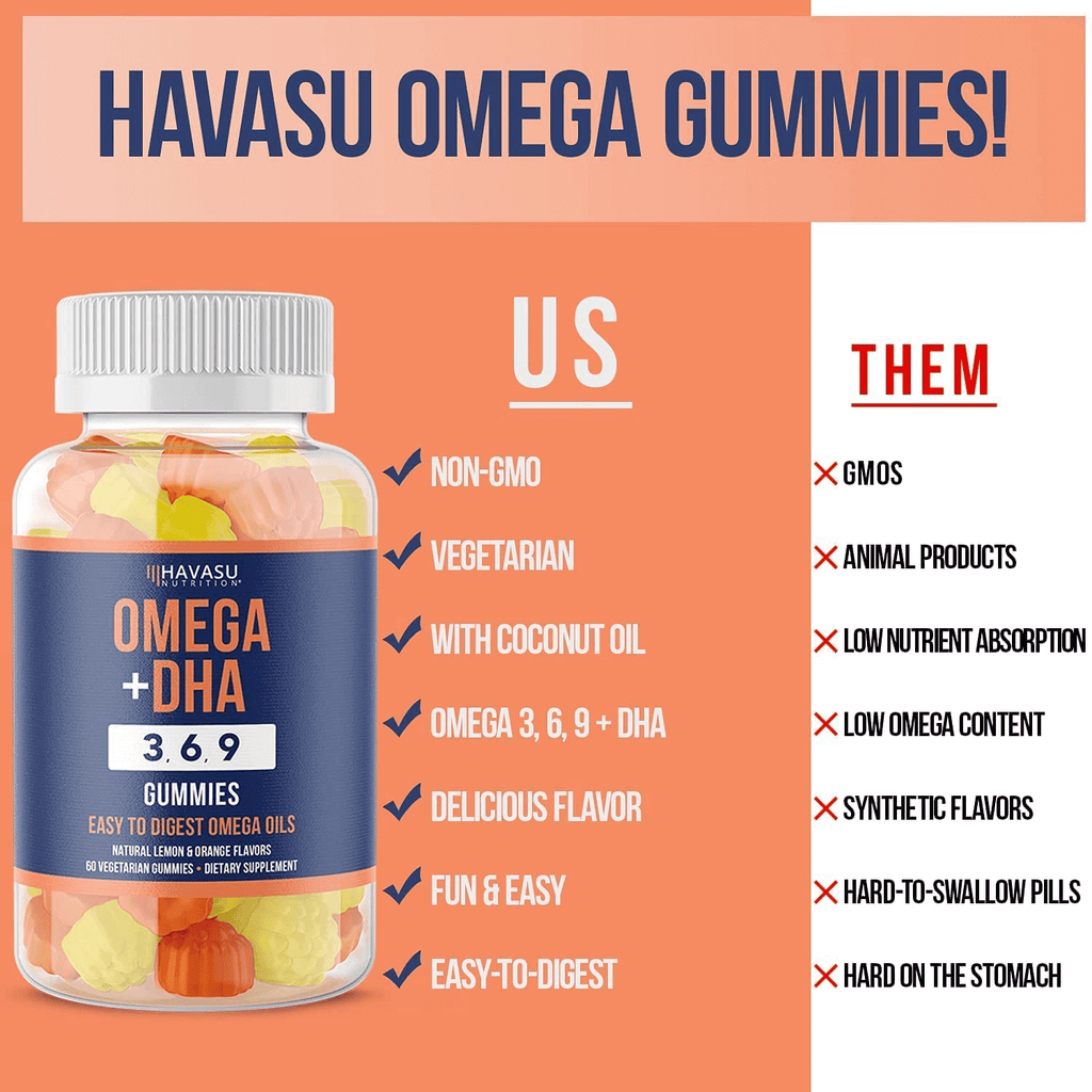 Havasu Nutrition Vegetarian Omega 3-6-9 Gummies + Dha | Supports Brain, Joint, Heart, Eye, and Immune System Function | Non GMO, No Fish, No Krill, Gelatin-Free & Plant-Based (Children)