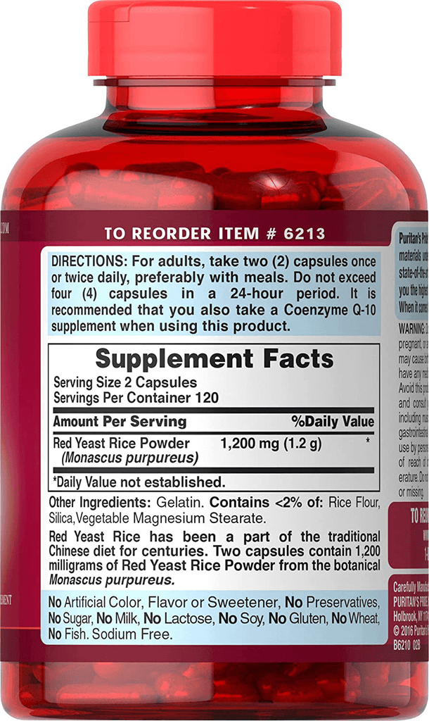 Puritans Pride Red Yeast Rice 600 mg Capsules, 240 Count - Vitamenstore.com