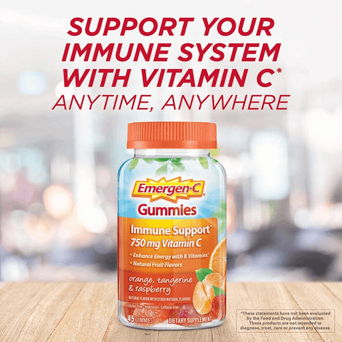 Emergen-C 750Mg Vitamin C Gummies for Adults, Immunity Gummies with B Vitamins, Gluten Free, Orange, Tangerine and Raspberry Flavors - 45 Count | Free Shipping | Vitamenstore.com