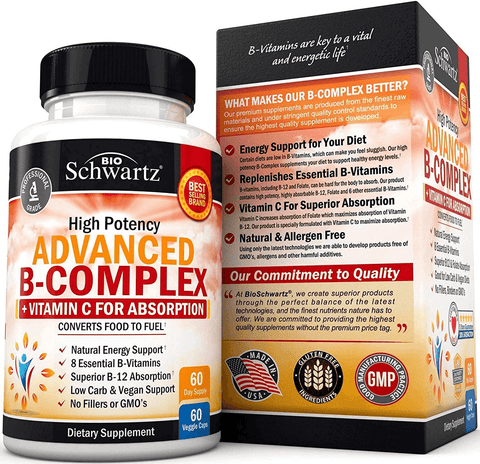 Vitamin B Complex with Vitamin C for Maximum Absorption - Methylcobalamin B12 & Folate Folic Acid Supplement - Vitamins B1 B2 B3 B5 B6 B7 B9 for Immune Energy & Nervous System Support - Non-Gmo -60Ct | Free Shipping | Vitamenstore.com