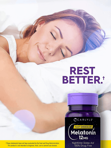 Carlyle Melatonin 12 mg Fast Dissolve 180 Tablets | Nighttime Sleep Aid | Natural Berry Flavor | Vegetarian, Non-GMO, Gluten Free | Free Shipping | Vitamenstore.com