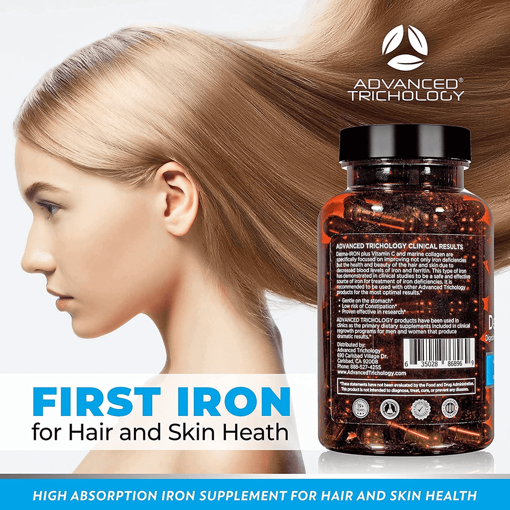 Derma-Iron Supplement for Women and Men - Iron Blood Builder Pills for Hair and Skin with Collagen and Natural Vitamin C, Low Iron and Ferritin, Thinning Hair, Hair Loss Support