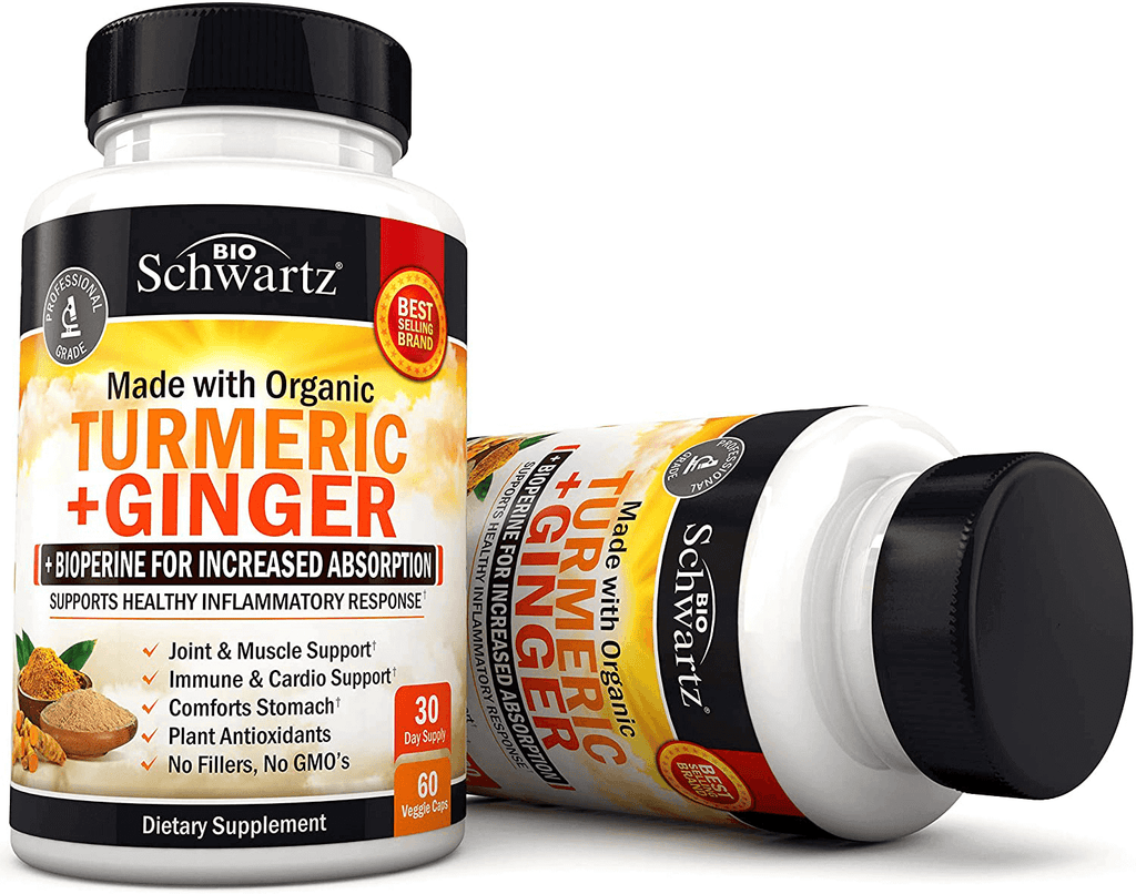Organic Turmeric & Ginger Capsules with BioPerine Black Pepper for Increased Absorption - 2 Way Muscle & Joint Support Supplement - Designed for Stomach Comfort - for Immune & Cardio Support - Vitamenstore.com