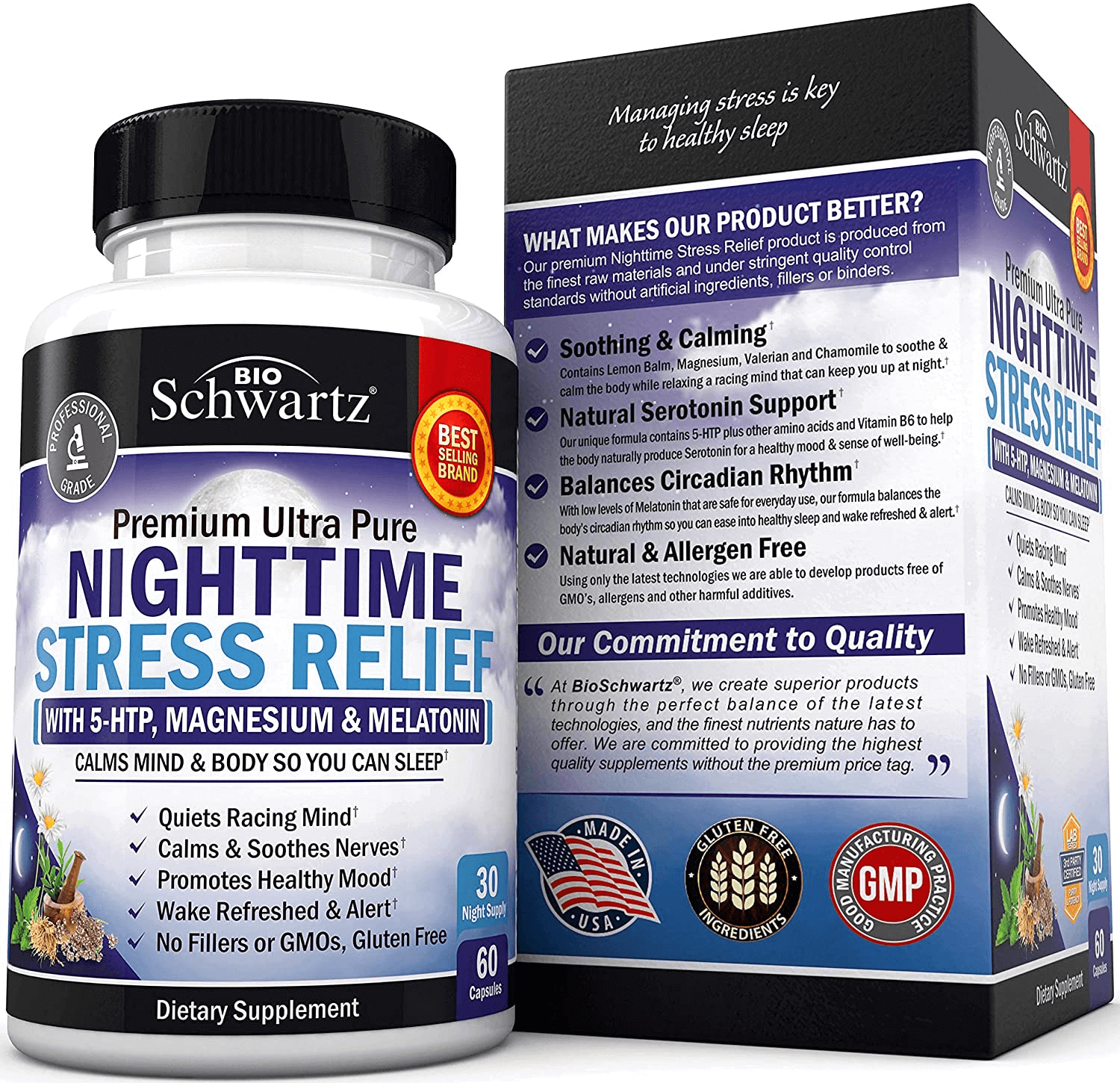 Bioschwartz Nighttime Rest Relief Supplement - Natural Nighttime Supplement with Melatonin 5-HTP Magnesium Valerian Root & Lemon Balm to Soothe & Calm - Wake Refreshed & Alert - 60 Capsules - vitamenstore.com