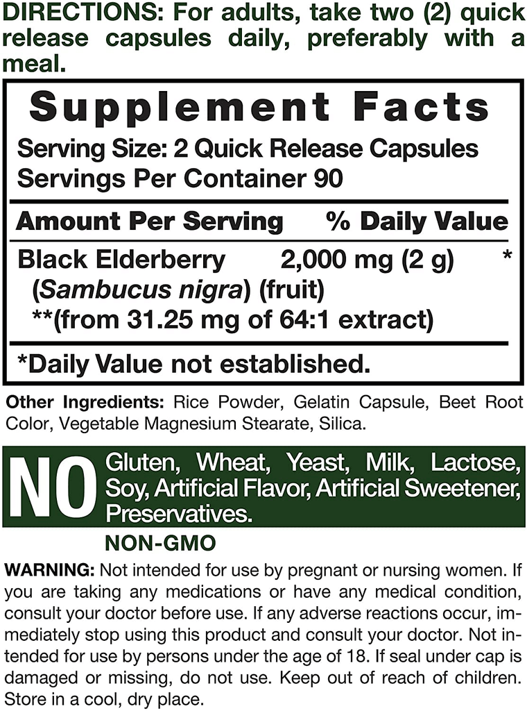 Horbaach Black Elderberry Capsules 2000mg | 180 Pills | Non-GMO, Gluten Free | Sambucus Extract Supplement - Vitamenstore.com