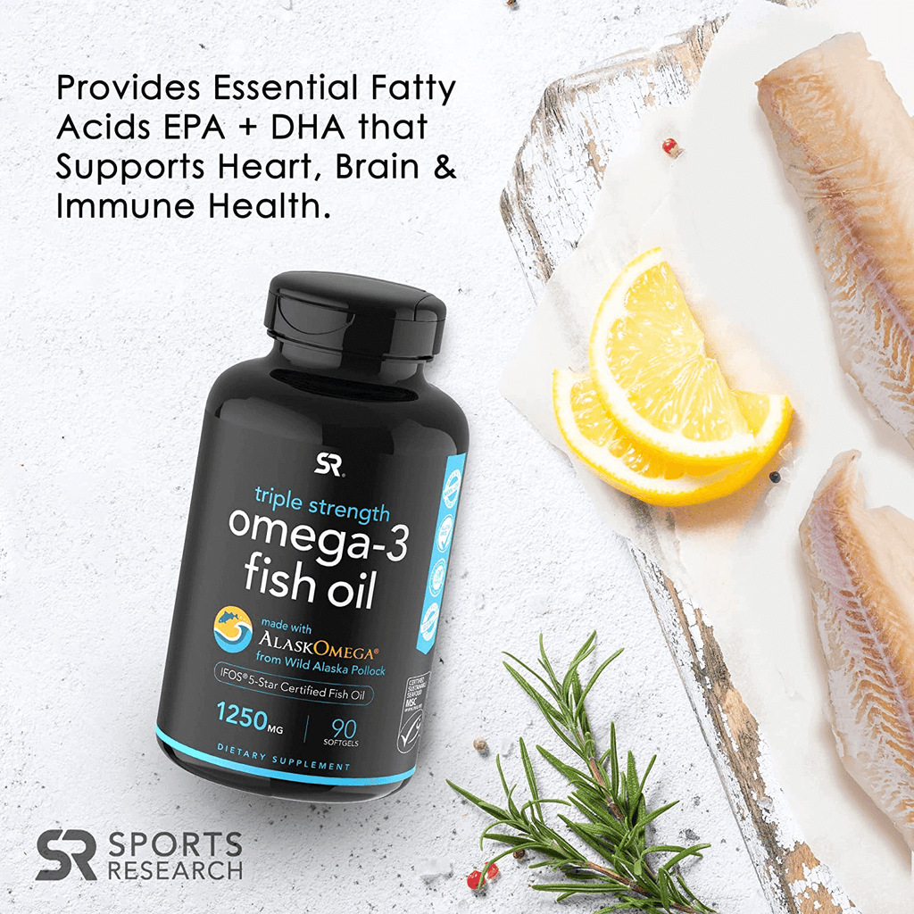 Sports Research Triple Strength Omega 3 Fish Oil Supplement - EPA & DHA Fatty Acids from Wild Alaskan Pollock - Heart, Brain & Immune Support for Adults, Men & Women - 1250 Mg Capsules (30 Ct)