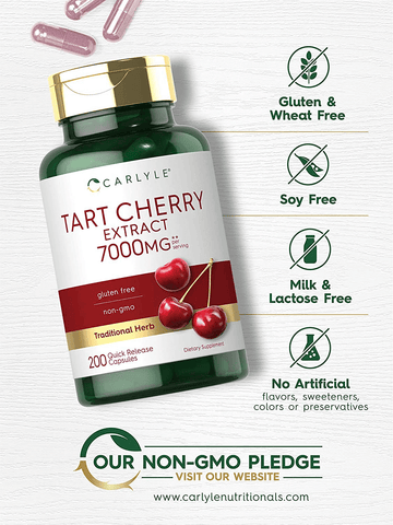 Tart Cherry Capsules | 7000 mg | 200 Pills | Max Potency | Non-GMO, Gluten Free | Tart Cherry Juice Extract | by Carlyle | Free Shipping | Vitamenstore.com