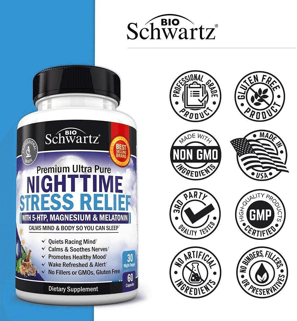 Bioschwartz Nighttime Rest Relief Supplement - Natural Nighttime Supplement with Melatonin 5-HTP Magnesium Valerian Root & Lemon Balm to Soothe & Calm - Wake Refreshed & Alert - 60 Capsules - vitamenstore.com