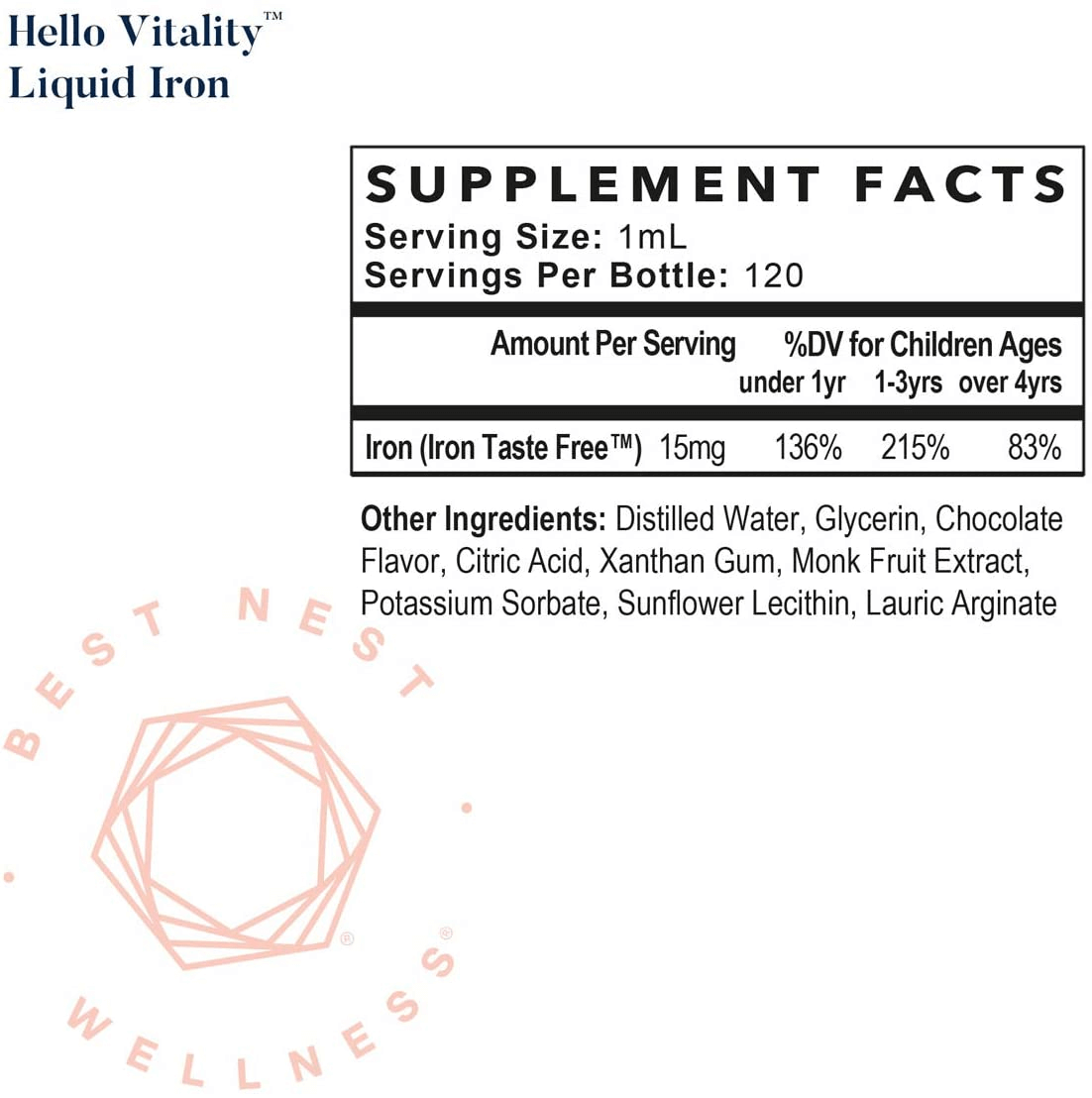 Hello Vitality Liquid Iron Supplement Drops, Chocolate Flavor, for Women, Men and Kids, High Potency, 15 Mg per Serving, 4 Oz, Best Nest Wellness - vitamenstore.com