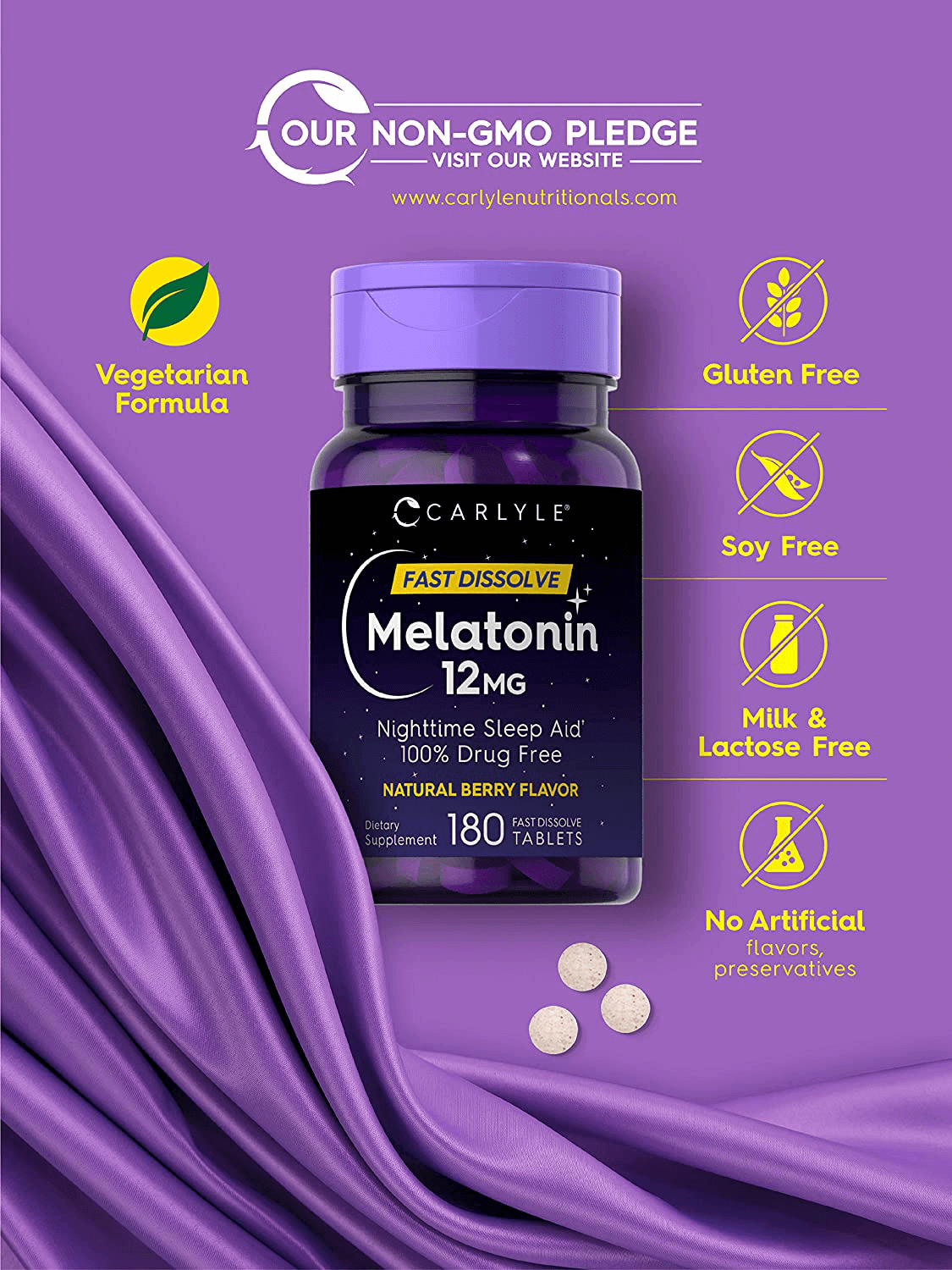 Carlyle Melatonin 12 mg Fast Dissolve 180 Tablets | Nighttime Sleep Aid | Natural Berry Flavor | Vegetarian, Non-GMO, Gluten Free - vitamenstore.com
