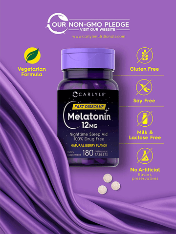 Carlyle Melatonin 12 mg Fast Dissolve 180 Tablets | Nighttime Sleep Aid | Natural Berry Flavor | Vegetarian, Non-GMO, Gluten Free | Free Shipping | Vitamenstore.com