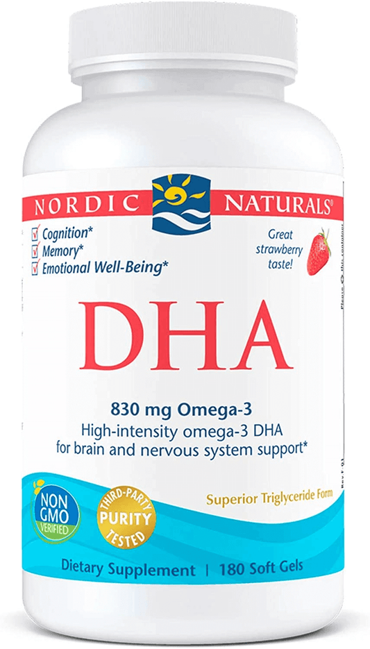 Nordic Naturals DHA, Strawberry - 180 Soft Gels - 830 Mg Omega-3 - High-Intensity DHA Formula for Brain & Nervous System Support - Non-Gmo - 90 Servings - vitamenstore.com