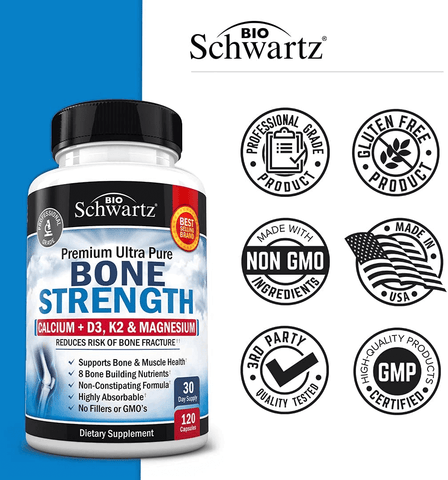 Bone Strength Supplement with Calcium + D3, K2 & Magnesium - Highly Absorbable Vitamin Blend for Bone & Muscle Support - Non-Constipating Formula - 8 Bone Building Nutrients - 120 Count | Free Shipping | Vitamenstore.com