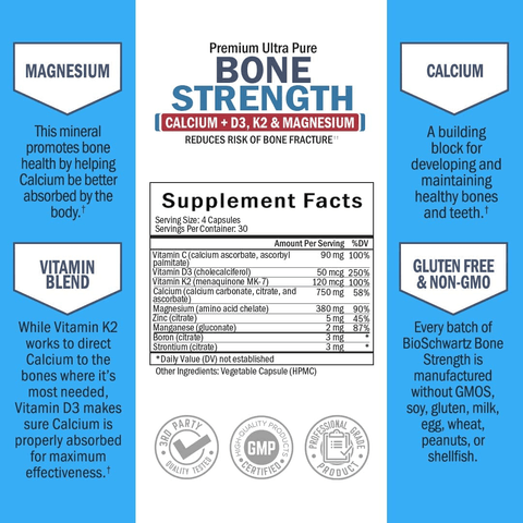 Bone Strength Supplement with Calcium + D3, K2 & Magnesium - Highly Absorbable Vitamin Blend for Bone & Muscle Support - Non-Constipating Formula - 8 Bone Building Nutrients - 120 Count | Free Shipping | Vitamenstore.com