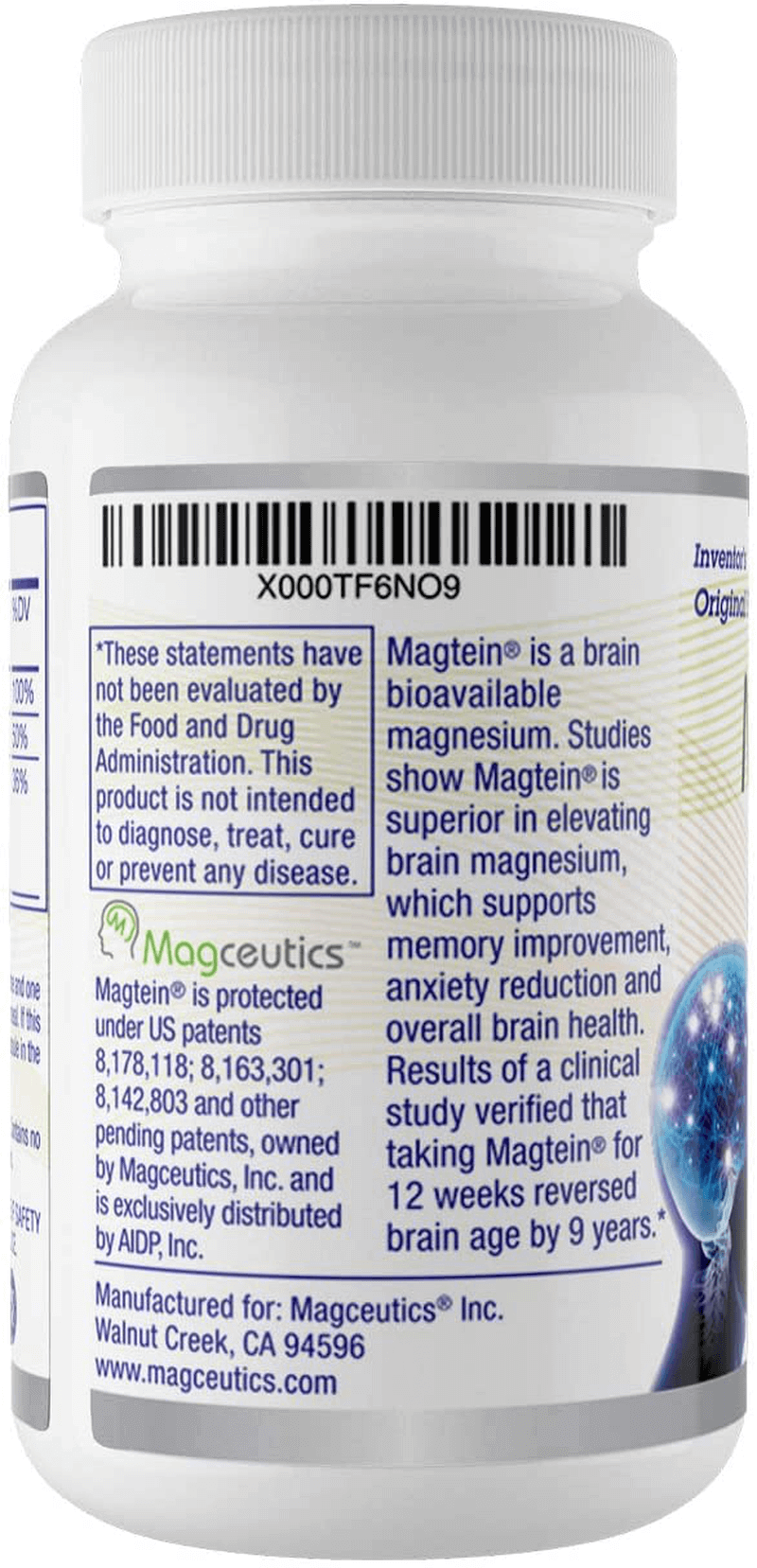 Magtein Magnesium L- Threonate - Bioavailable and 100% Water Soluble Magnesium - Clear Brain Fog, Improve Memory, Focus and Attention, Support Sleep and Mood – 30 Day Supply- 60 ct. Veggie Capsules - vitamenstore.com