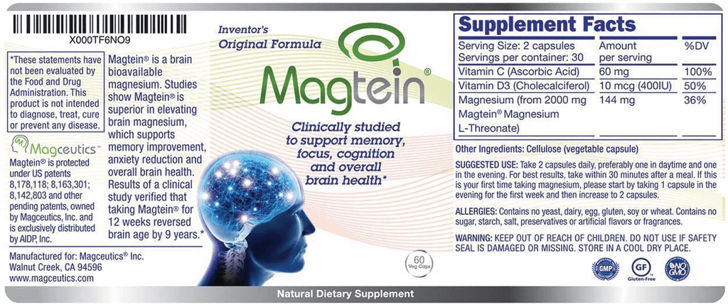 Magtein Magnesium L- Threonate - Bioavailable and 100% Water Soluble Magnesium - Clear Brain Fog, Improve Memory, Focus and Attention, Support Sleep and Mood – 30 Day Supply- 60 ct. Veggie Capsules - Vitamenstore.com