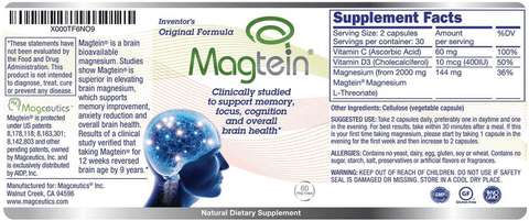 Magtein Magnesium L- Threonate - Bioavailable and 100% Water Soluble Magnesium - Clear Brain Fog, Improve Memory, Focus and Attention, Support Sleep and Mood – 30 Day Supply- 60 ct. Veggie Capsules | Free Shipping | Vitamenstore.com