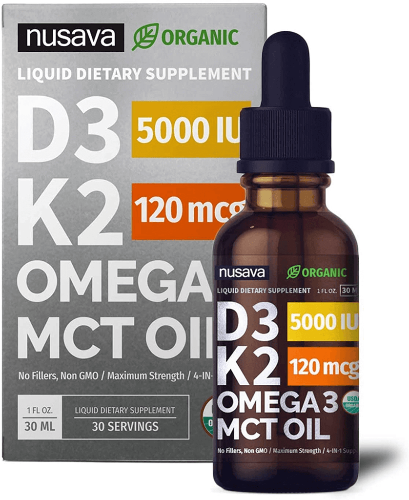 (2 Pack) Organic Vitamin D3 K2 Drops W MCT Oil Omega 3, 5000 IU, Maximum Strength Vitamin D Liquid 5000 IU, No Fillers, Non-Gmo Liquid D3 for Faster Absorption & Immune Support, Unflavored, 2 Fl Oz