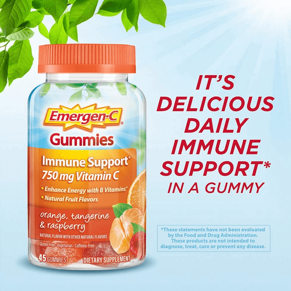 Emergen-C 750Mg Vitamin C Gummies for Adults, Immunity Gummies with B Vitamins, Gluten Free, Orange, Tangerine and Raspberry Flavors - 45 Count - vitamenstore.com