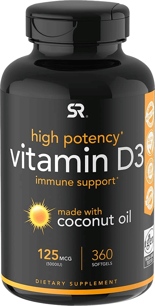 Sports Research 5000 Iu Vitamin D3 Supplement with Organic Coconut Oil - Vitamin D for Strong Bones & Immune Health - Supports Calcium Absorption - Non-Gmo - 125Mcg, 360 Mini Softgels for Adults