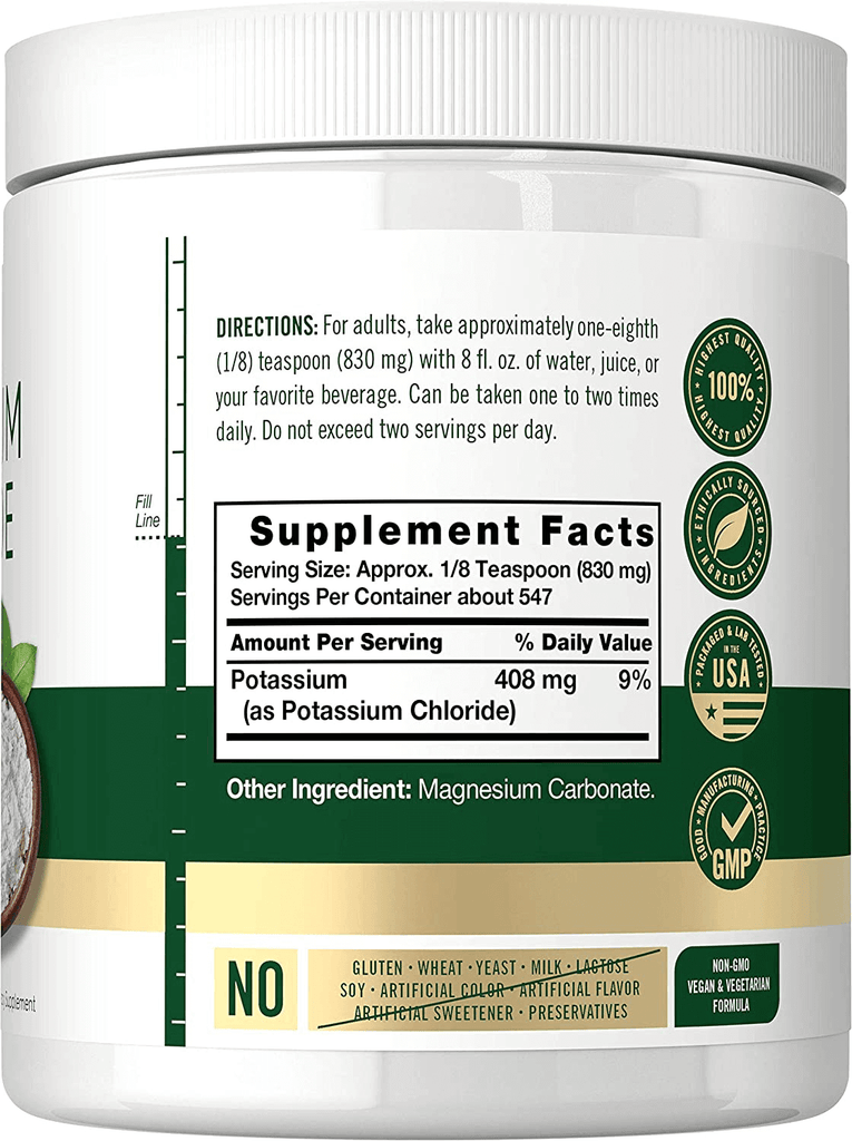 Potassium Chloride Powder Supplement 16 oz | Food Grade | Salt Substitute | Vegan, Vegetarian, Non-GMO, Gluten Free | by Carlyle - Vitamenstore.com