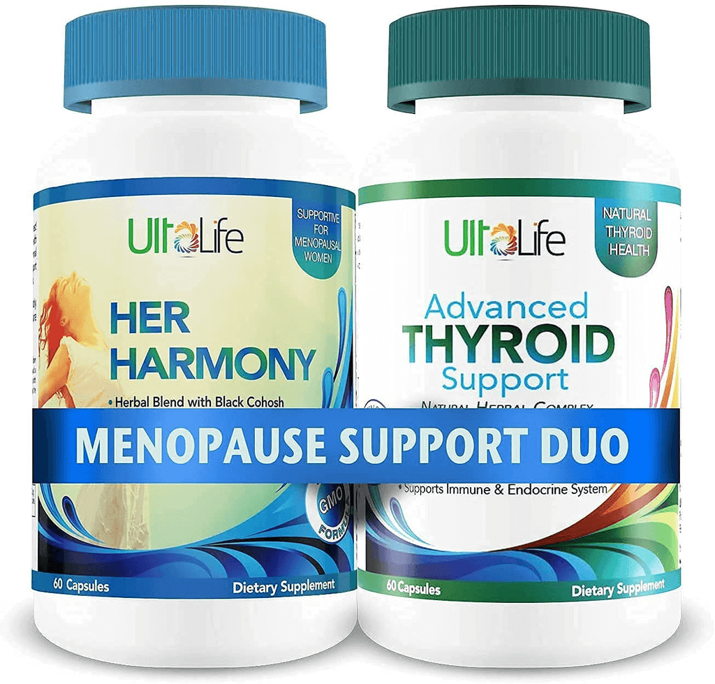 Ultalife Menopause Supplement Duo - Her Harmony Menopause Pills + Black Cohosh & Thyroid + Iodine Supplements for Estrogen-Free Hormone Balance in Women - Hot Flash Relief, Weight Loss, Sleep Support