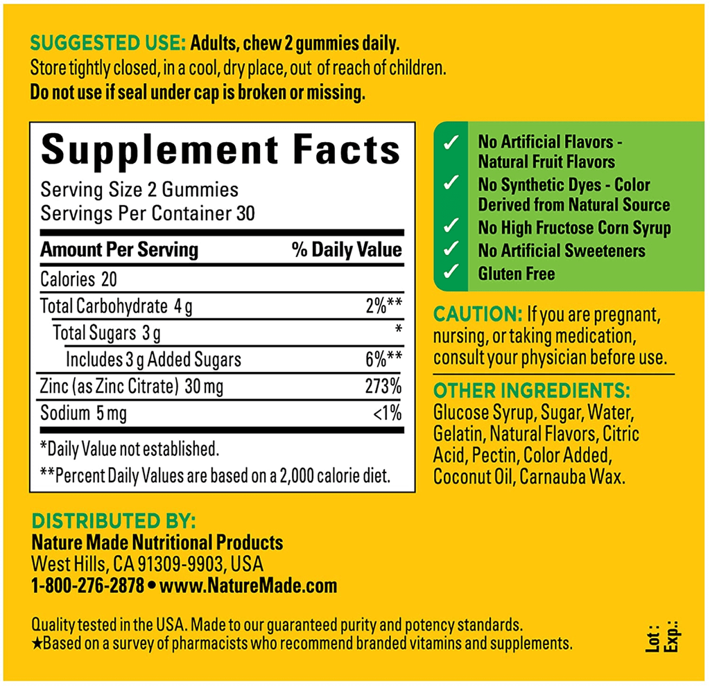 Nature Made Extra Strength Zinc 30 Mg, Dietary Supplement for Immune Health and Antioxidant Support, 60 Gummies, 30 Day Supply