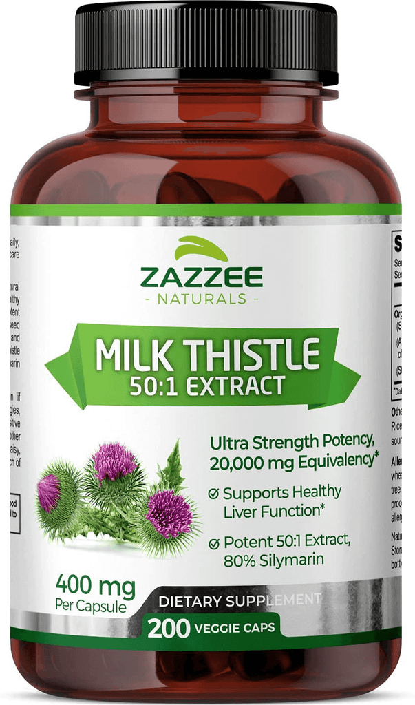 Zazzee Organic Milk Thistle Extract 20,000 mg Strength, 200 Vegan Capsules, Potent 50:1 Extract, 80% Silymarin Flavonoids, Contains Organic Milk Thistle, Over 6 Month Supply, Non-GMO and All-Natural - Vitamenstore.com