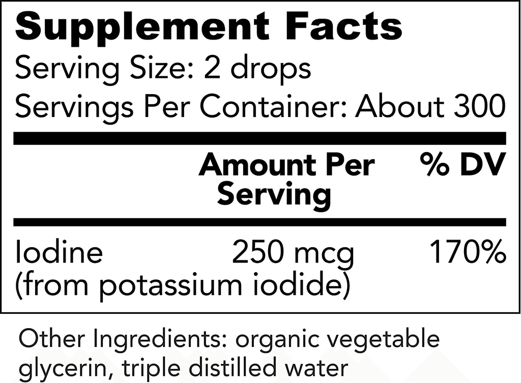 Organic Potassium Iodide 250 Mcg Liquid Supplement Drops for Thyroid Support - 1 Fl Oz (6 Month Supply)