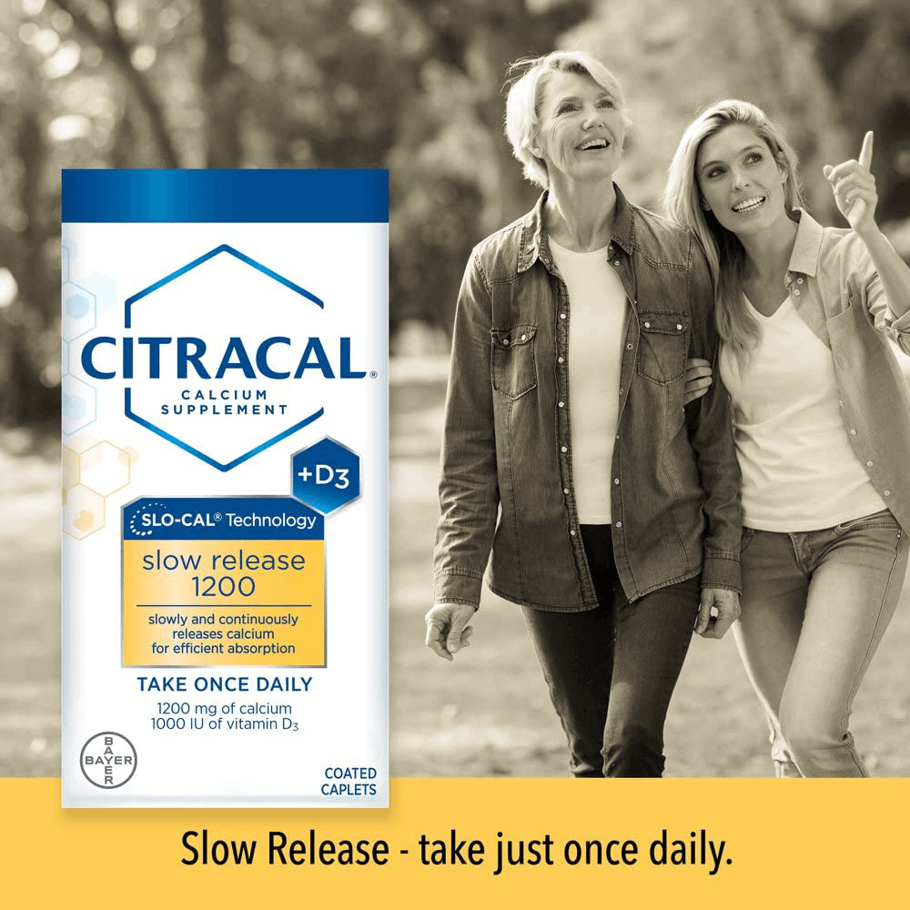 Citracal Slow Release 1200, 1200 mg Calcium Citrate and Calcium Carbonate Blend with 1000 IU Vitamin D3, Bone Health Supplement for Adults, Once Daily Caplets, 80 Count - vitamenstore.com