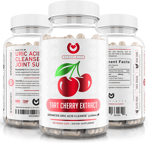 Purefinity Tart Cherry Capsules - Max Strength 3000mg | 6 Month Supply - Advanced Uric Acid Cleanse, Powerful Antioixidant w/ Joint Support - 180 Vegetable Capules. | Free Shipping | Vitamenstore.com