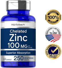 Chelated Zinc Supplement 100mg | 250 Tablets | High Potency & Superior Absorption | Vegetarian, Non-GMO, Gluten Free | by Horbaach - vitamenstore.com