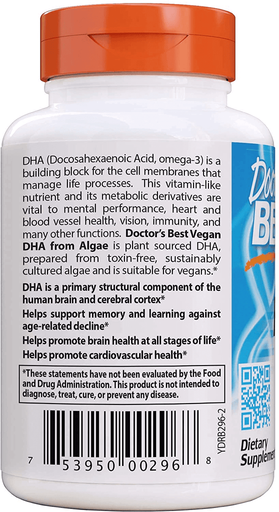 Doctor'S Best Vegetarian DHA from Algae, Non-Gmo, Vegan, Gluten Free, 200 Mg, 60 Count