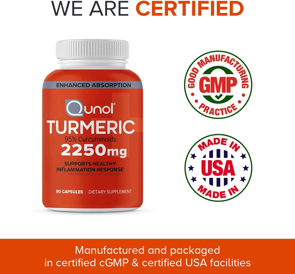 Turmeric Curcumin with Black Pepper, Qunol 2250Mg Turmeric Extract with 95% Curcuminoids, Extra Strength Supplement, Enhanced Absorption, Supports Healthy Inflammation Response, 90 Vegetarian Capsules