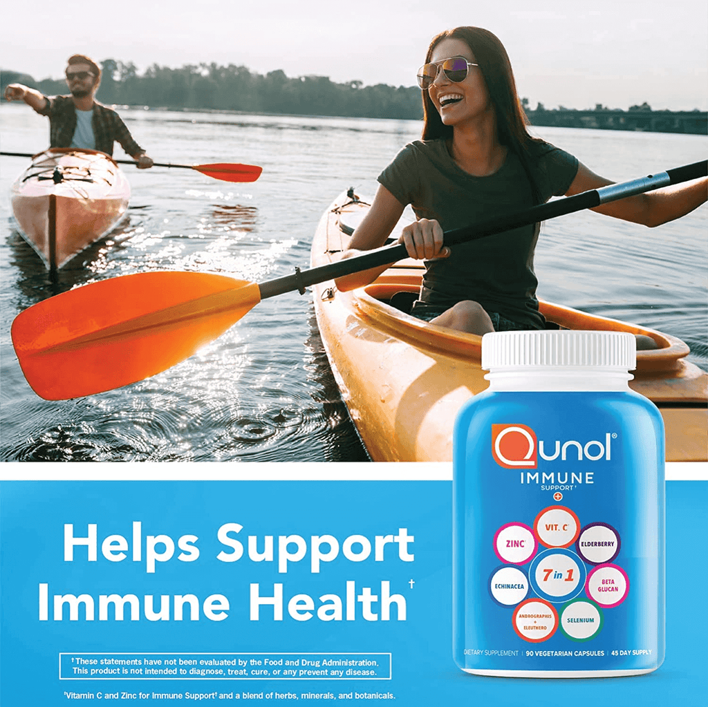 Qunol Immune Support 7 in 1 Immunity Defense Booster Supplement, Vitamin C, Zinc, Selenium, Elderberry, Echinacea, Eleuthero & Andrographis, Vegetarian Capsules, 90 Count