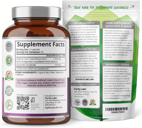 Organic Trans-Resveratrol 1,500MG Enhanced with Quercetin - Highest Quality and Potency Available - Powerful Antioxidant for Heart, Anti-Aging, and Radiant Looking Hair, Skin and Nails 90 Vegan pills | Free Shipping | Vitamenstore.com