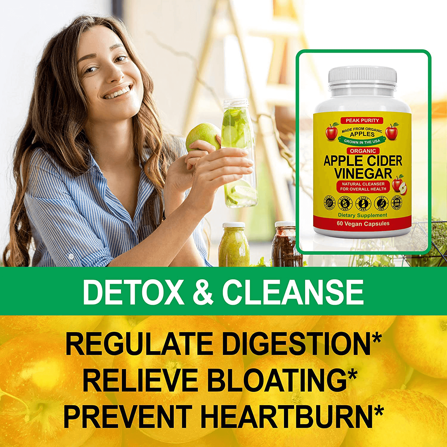 100% Organic Raw Apple Cider Vinegar Capsules - Natural Detox Gut Cleanse & Healthy Digestion - Tasteless & Easy to Swallow - Extra Strength ACV Pills - 1000 mg - vitamenstore.com