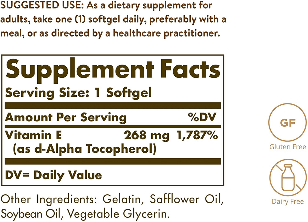Solgar Vitamin E 268 mg (400 IU), 360 Alpha Softgels - Natural Antioxidant, Skin & Immune System Support - Naturally-Sourced Vitamin E - Gluten Free, Dairy Free - 360 Servings - Vitamenstore.com