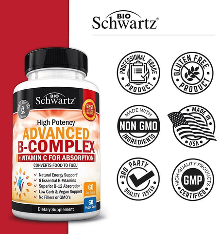 Vitamin B Complex with Vitamin C for Maximum Absorption - Methylcobalamin B12 & Folate Folic Acid Supplement - Vitamins B1 B2 B3 B5 B6 B7 B9 for Immune Energy & Nervous System Support - Non-Gmo -60Ct | Free Shipping | Vitamenstore.com