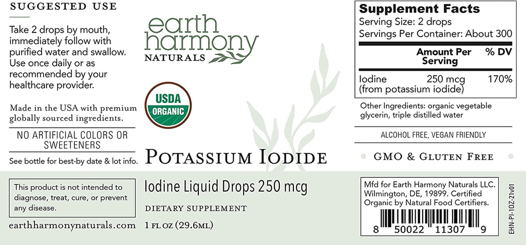 Organic Potassium Iodide 250 Mcg Liquid Supplement Drops for Thyroid Support - 1 Fl Oz (6 Month Supply)