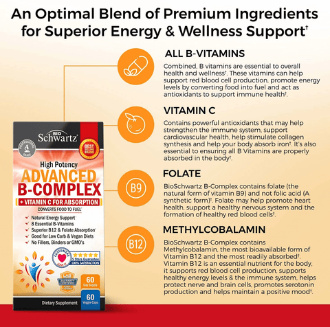 Vitamin B Complex with Vitamin C for Maximum Absorption - Methylcobalamin B12 & Folate Folic Acid Supplement - Vitamins B1 B2 B3 B5 B6 B7 B9 for Immune Energy & Nervous System Support - Non-Gmo -60Ct | Free Shipping | Vitamenstore.com