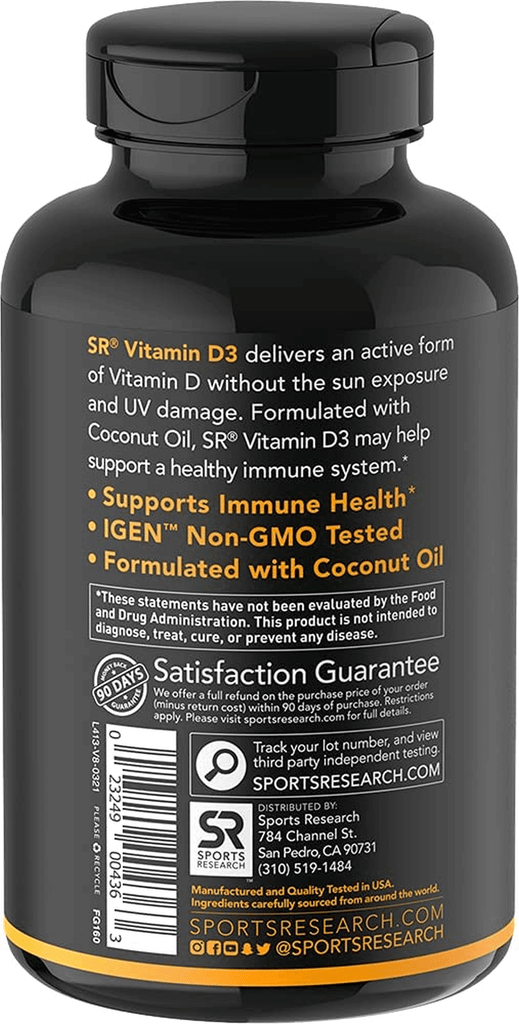 Sports Research 5000 Iu Vitamin D3 Supplement with Organic Coconut Oil - Vitamin D for Strong Bones & Immune Health - Supports Calcium Absorption - Non-Gmo - 125Mcg, 30 Mini Softgels for Adults