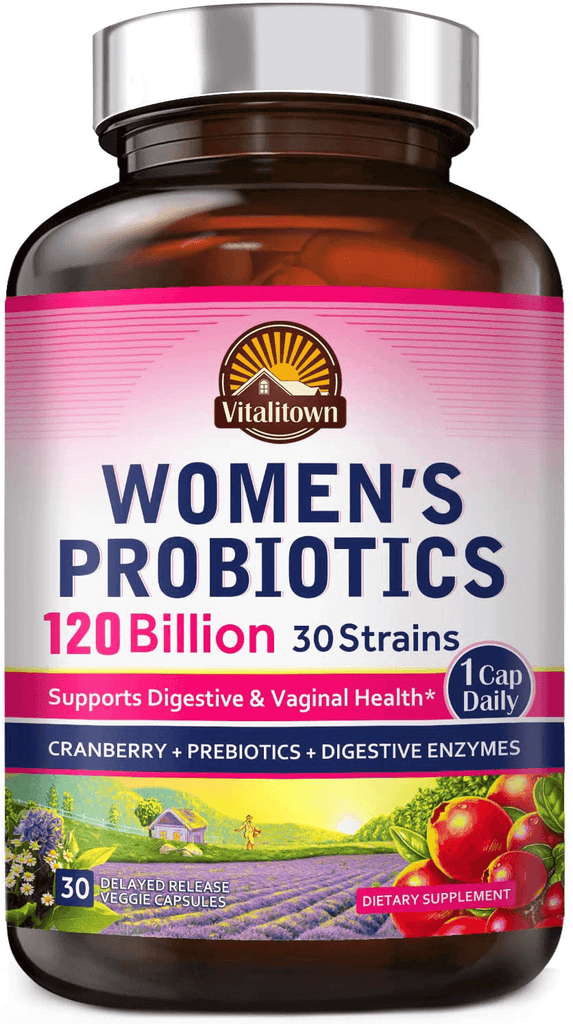 Vitalitown 120 Billion CFUs Women’s Probiotics 1 Cap Daily | 30 Strains + Prebiotics + Digestive Enzymes + Cranberry | Shelf Stable | Gut & Vaginal Health | Vegan Non-GMO | 30 Delayed Release Veg Caps - Vitamenstore.com