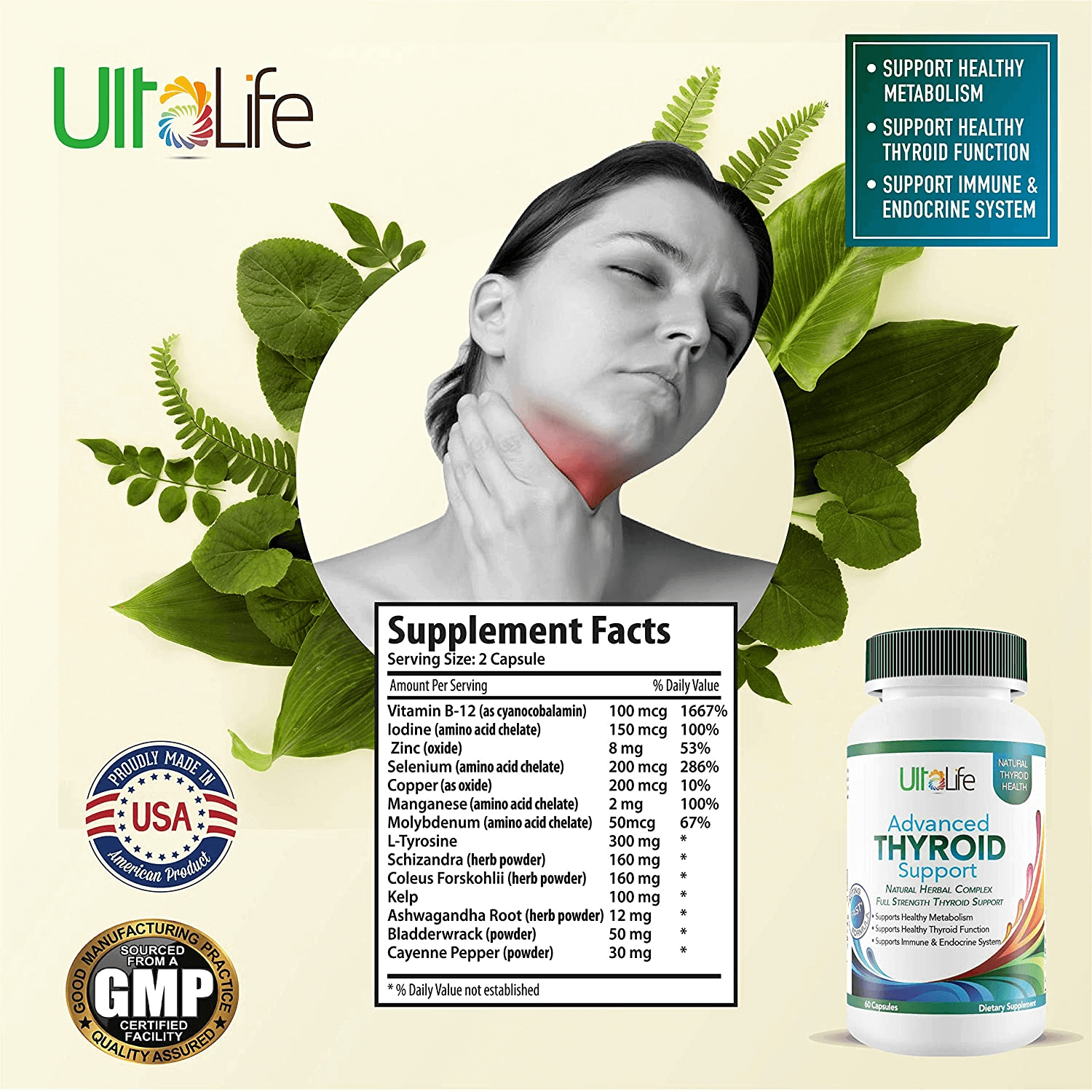 Ultalife Thyroid Support Complex with Iodine for Women & Men. Safe, Natural Supplements Increase Energy & Focus. Supplement Helps Mood, Joint Pain, Muscle Aches, Weight, Hormone + Immune Function - vitamenstore.com