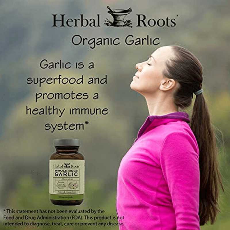 Herbal Roots Organic Whole Bulb Garlic Pills - Potent Extra Strength - Immune and Cardiovascular Support - 600 mg, 60 Capsules - Made in The USA - Vitamenstore.com