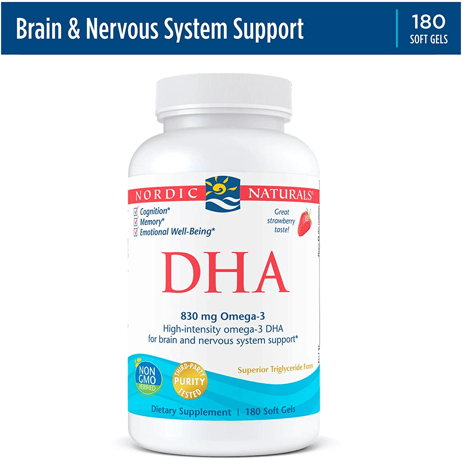 Nordic Naturals DHA, Strawberry - 180 Soft Gels - 830 Mg Omega-3 - High-Intensity DHA Formula for Brain & Nervous System Support - Non-Gmo - 90 Servings - vitamenstore.com